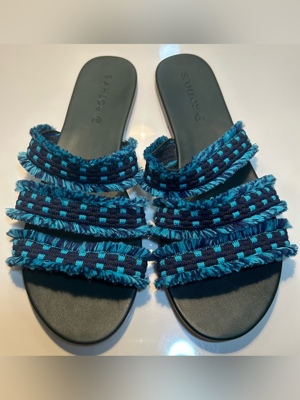 Rothy's Women's Blue Triple Band Sea Shell Fringe Teal Sandals - Size 10